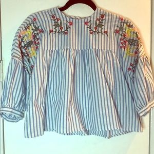 Striped Puff Sleeve Embroidered Top - M